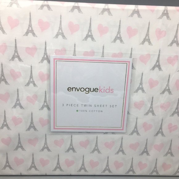 Envogue Bedding 3pc Envogue Eiffel Tower Pink Heart Twin Sheet Set